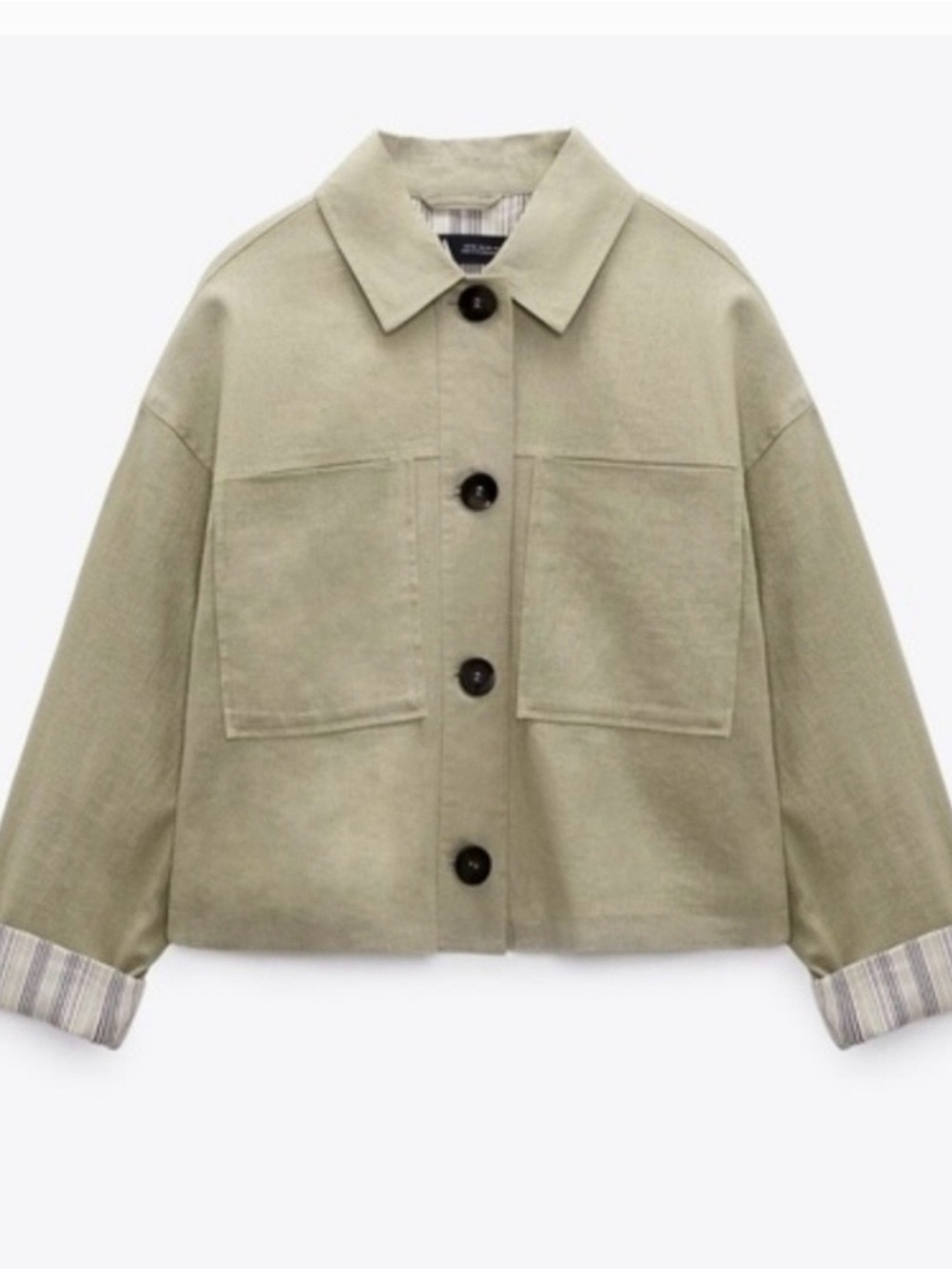 ZARA Oversized Sage Green Linen Blend Cropped Utility Jacket Sz S Light Olive - Picture 3 of 5